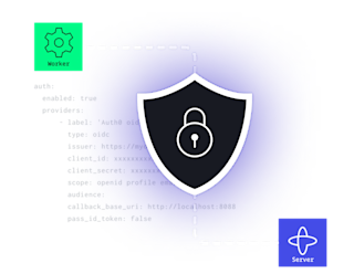 Security shield with padlock icon overlaying authentication configuration code, with worker and server icons.