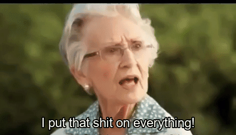 An older woman leaning in with total conviction, captioned 'I put that shit on everything!'