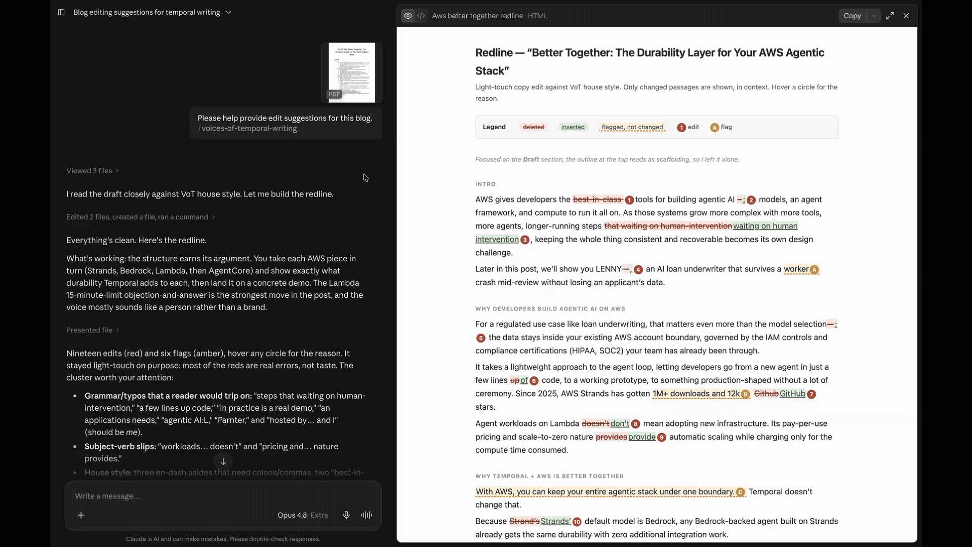 Figure 2: Claude’s editing workspace, with the draft and redline edits side by side.