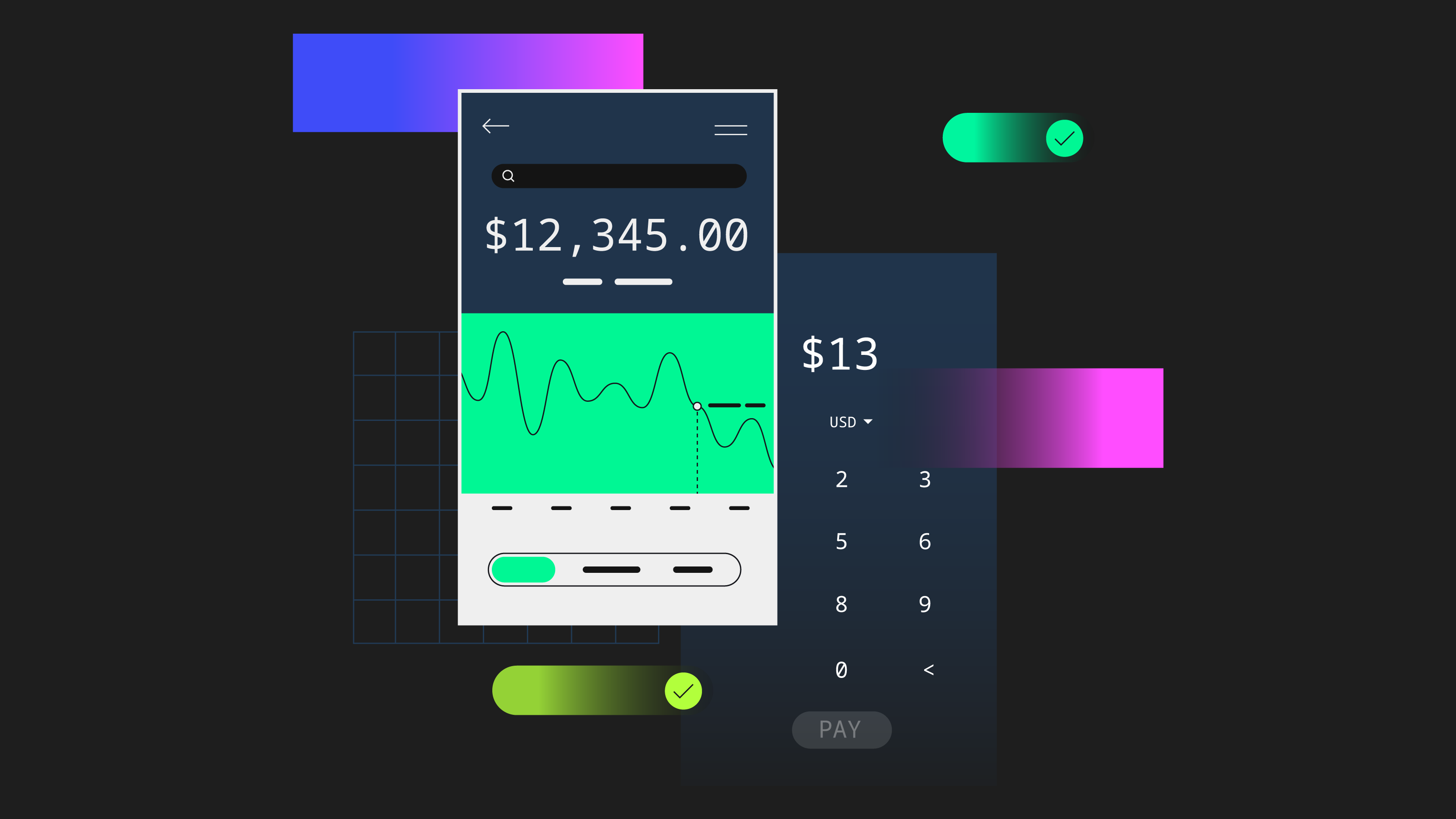 Mobile banking app interface showing balance of $12,345.00 with green chart, toggle switches, and payment keypad.