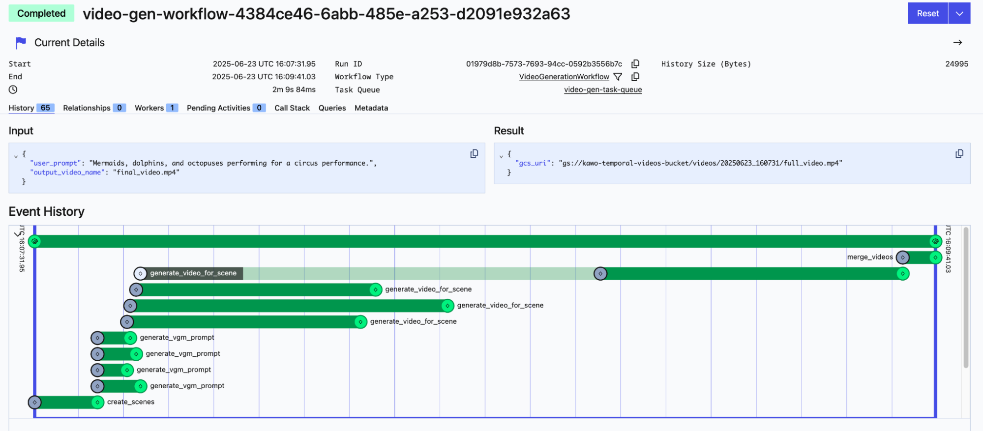 Figure 1. A visual representation of a Temporal Workflow Execution through Temporal Cloud Web UI.