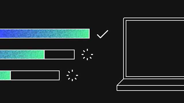Progress bars showing task completion: top bar complete with checkmark, middle and bottom bars loading with blue-green gradient.