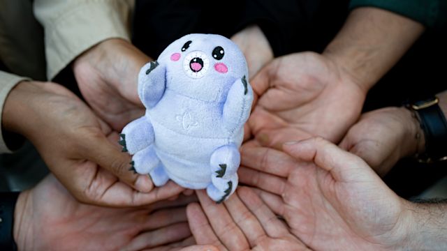 Multiple hands gently holding a small light blue plush toy with an embroidered smiling face and pink cheeks.
