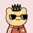 Cartoon bear wearing black sunglasses and a crown with a red and white striped shirt on pink background
