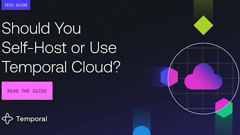 Tech guide banner with white text asking Should You Self-Host or Use Temporal Cloud with colorful geometric shapes and cloud icon.