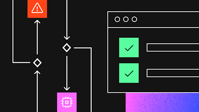 Diagram showing workflow with warning icon, arrows, checkboxes, and process elements on black background.