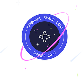 Circular blue badge with text Temporal Space Camp Summer 2025, featuring a dark center with star icon and pink orbital ring.