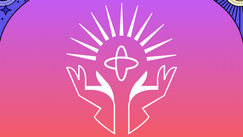 White outlined hands reaching up toward a radiant star symbol on a pink to purple gradient background with celestial corner designs.