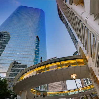 Houston skyline looking up at skyscraper 