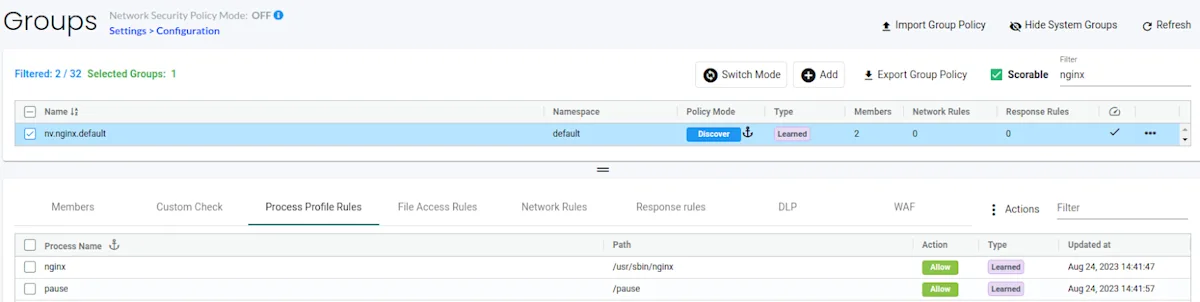 Learned process rules - NeuVector
