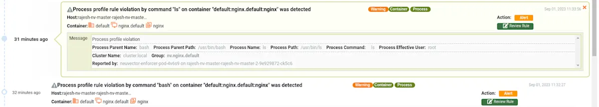 Process alert in monitor mode - NeuVector