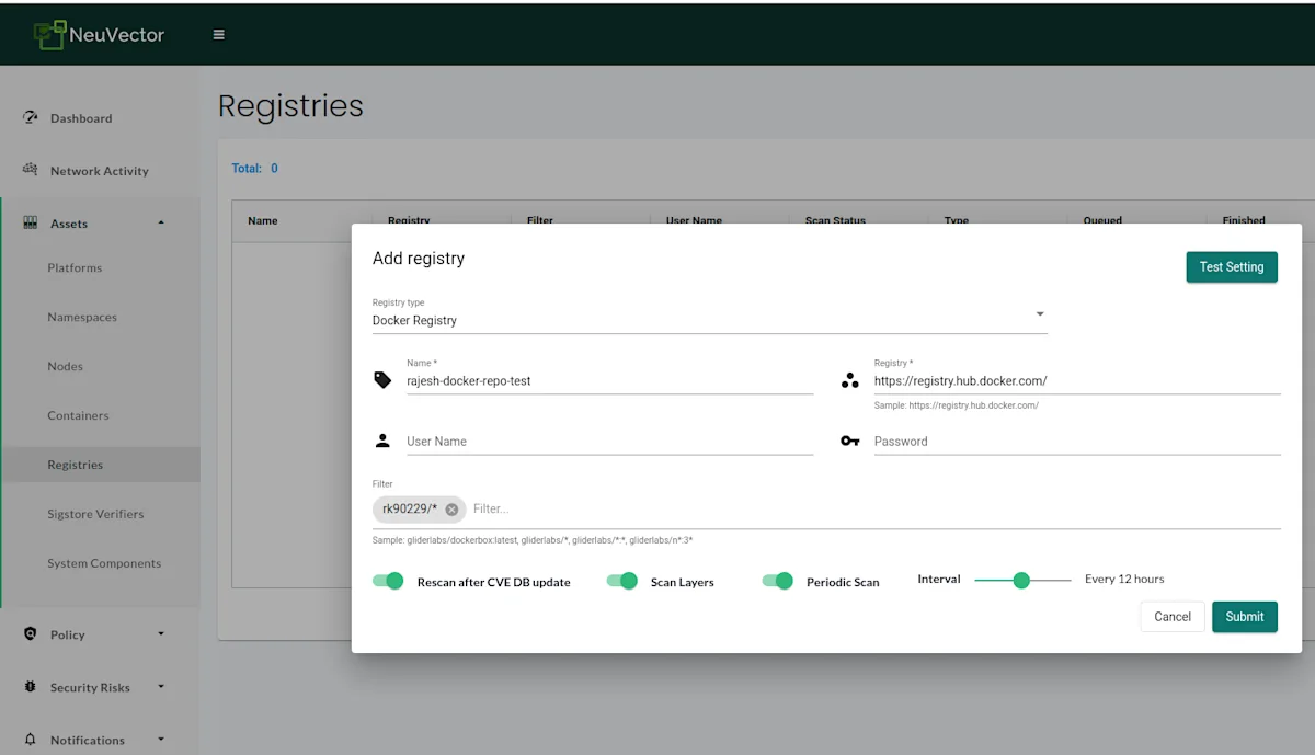 Registry scan config - NeuVector