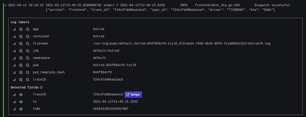 Tracing Grafana Tempo Jaeger - Tempo Derived Fields