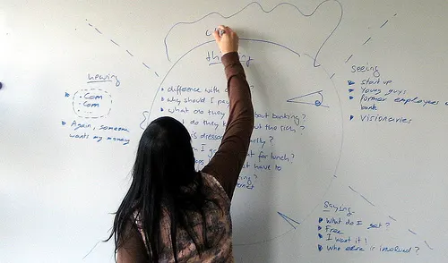 Woman writing on whiteboard