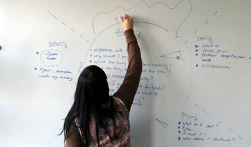 Woman writing on whiteboard