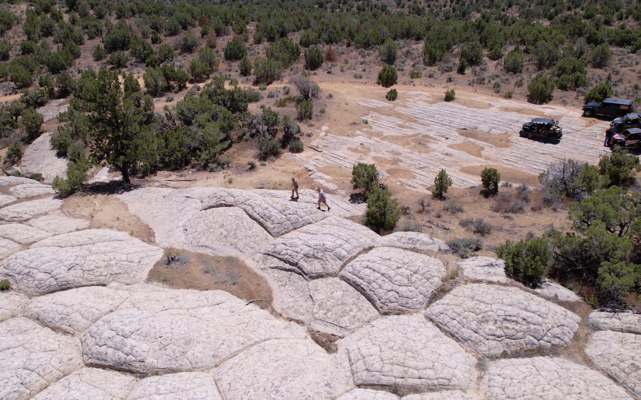 Sundance Kid OHV Trail | Photo Gallery | 1 - Vernal's White Top - Cracked and textured white hills look like a dragons skin emerging from the red sand surrounding it.