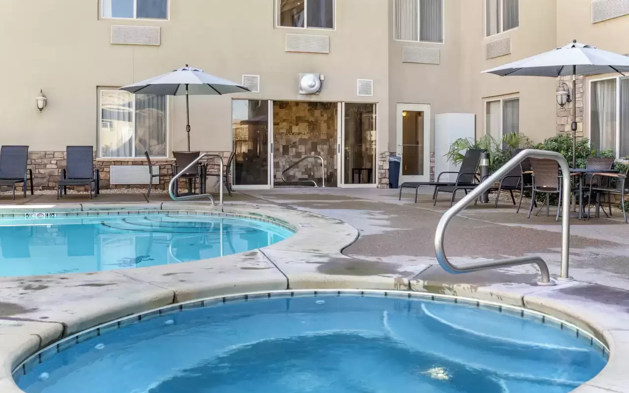 Go for a dip in the outdoor pool or hot tub. 
