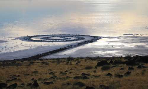 Photograph of Robert Smithson's earthwork, Spiral Jetty, located at Rozel Point, Utah on the shore of the Great Salt Lake
