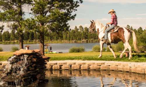 Woman Horseback Riding by Pond