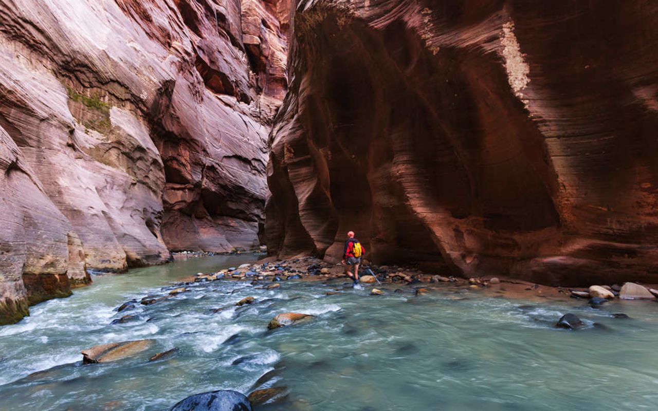 Grand Circle Tour Itinerary | Photo Gallery | 0 - Hike The Narrows in Zion
 Slosh through the cool river that cut the canyon that's providing all the shade. You'll mostly be in up to your ankles but a few stretches get waist-deep.