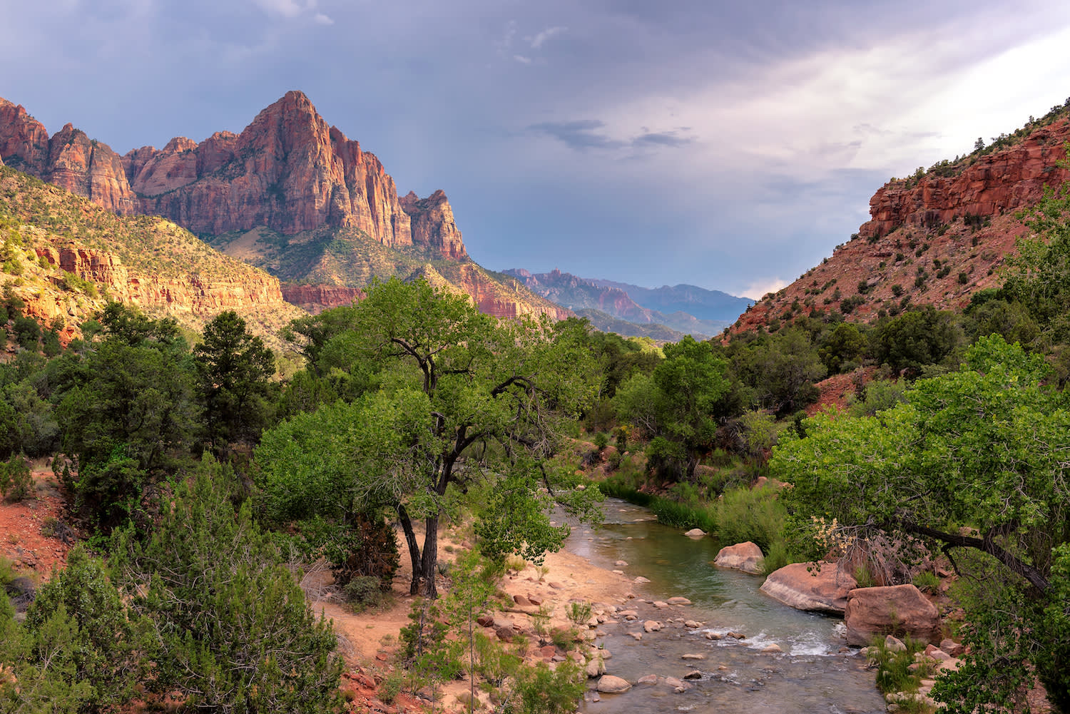 Evening on the Watchman trail by the Virgin River in Zion National Park