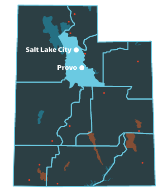 Wasatch Front Region map with both Salt Lake City and Provo 