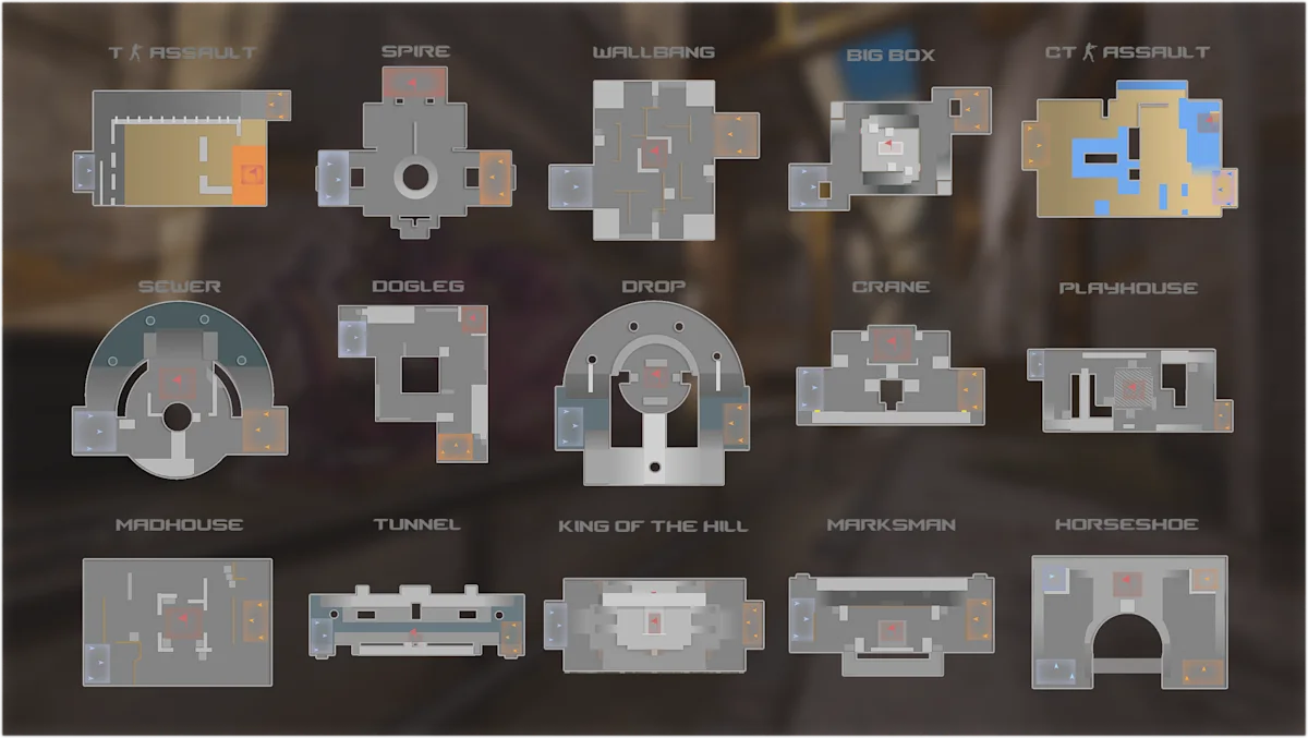 Counter-Strike 2 Deleted the Premier Map Ban. Your Worst Map - Fifteen top-down Rush arena layouts labelled T Ass