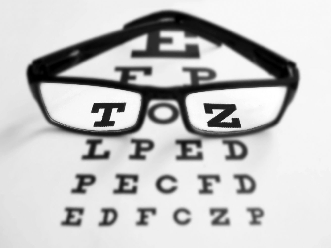 A pair of eyeglasses sitting on top of an eye test chart