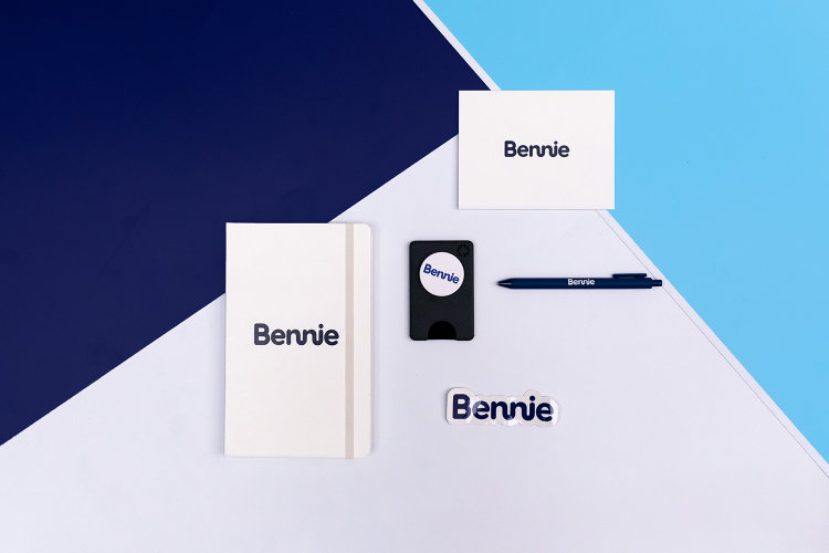 Bennie-branded office supplies on a table