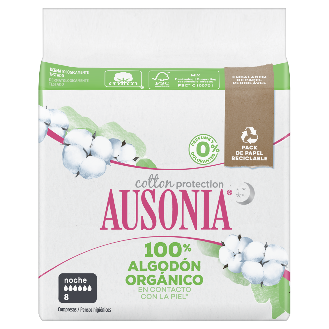 Compresas de Algodon Organico Ausonia Cotton Protection Noche con Alas 9U