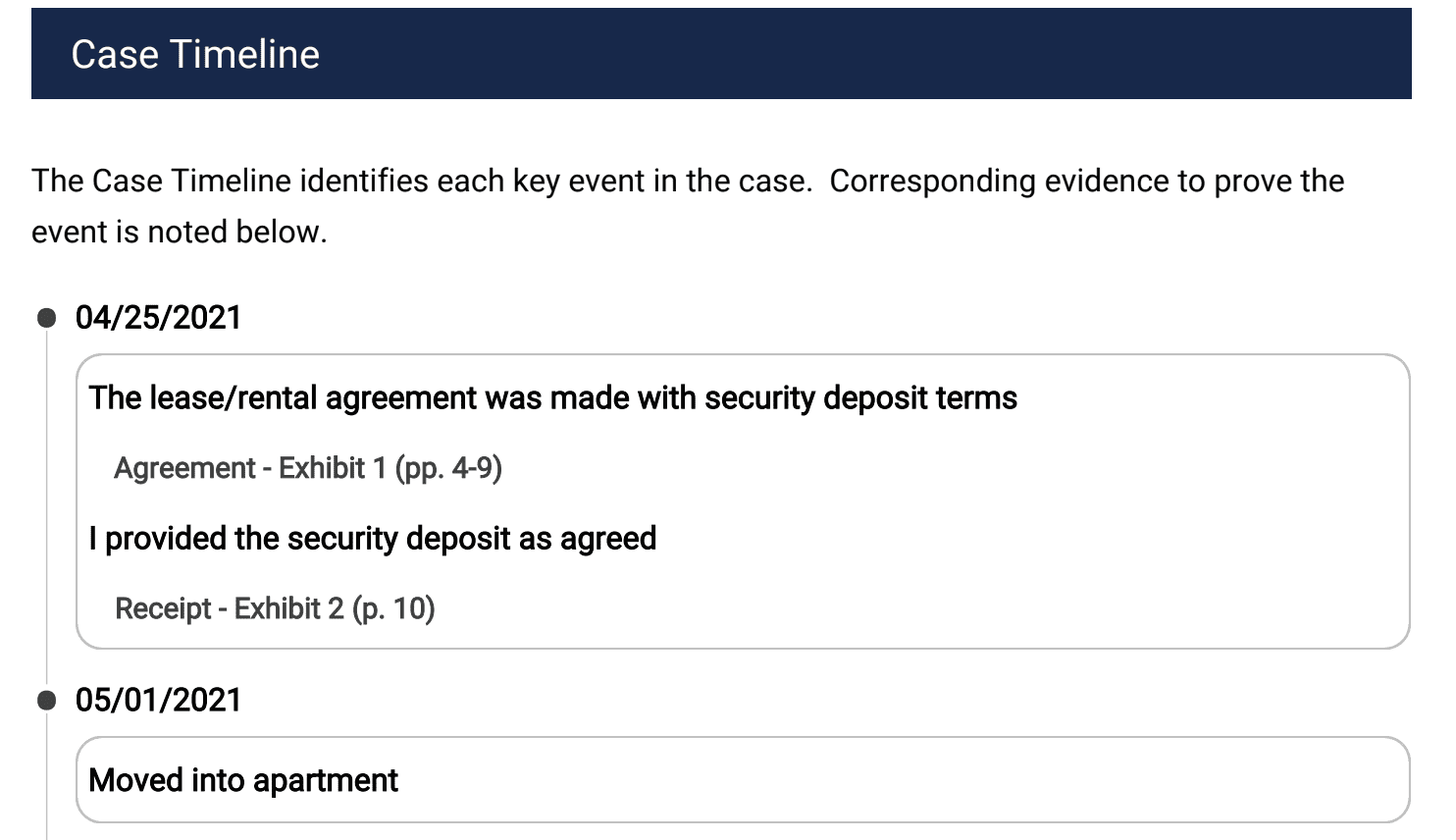 Example of adding key events to the JusticeDirect Case Timeline.