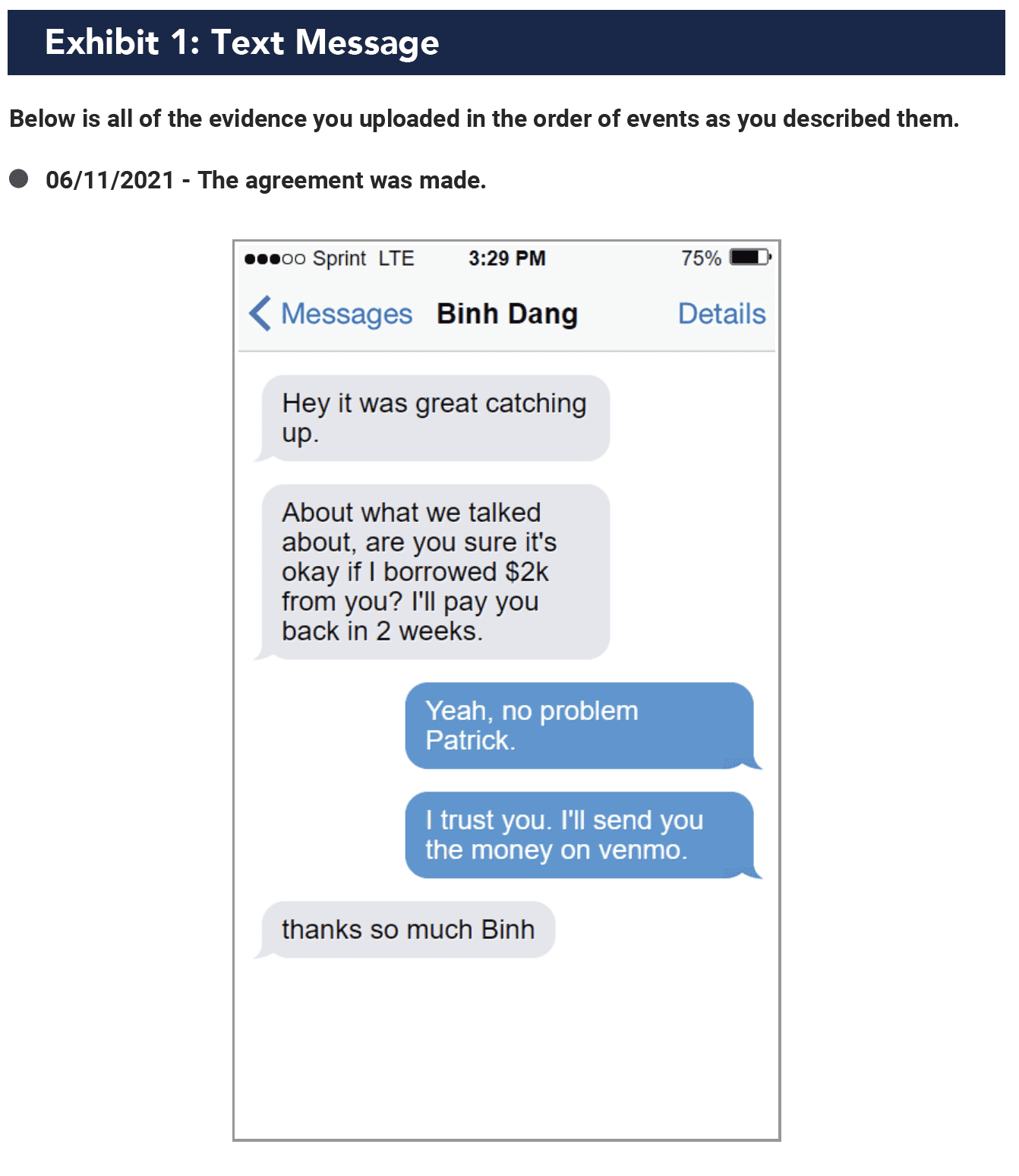 Example of text messages as evidence in small claims court.