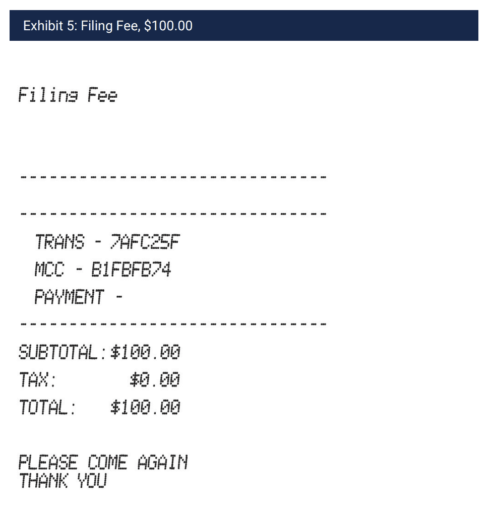 Example of a receipt of court filing fees.