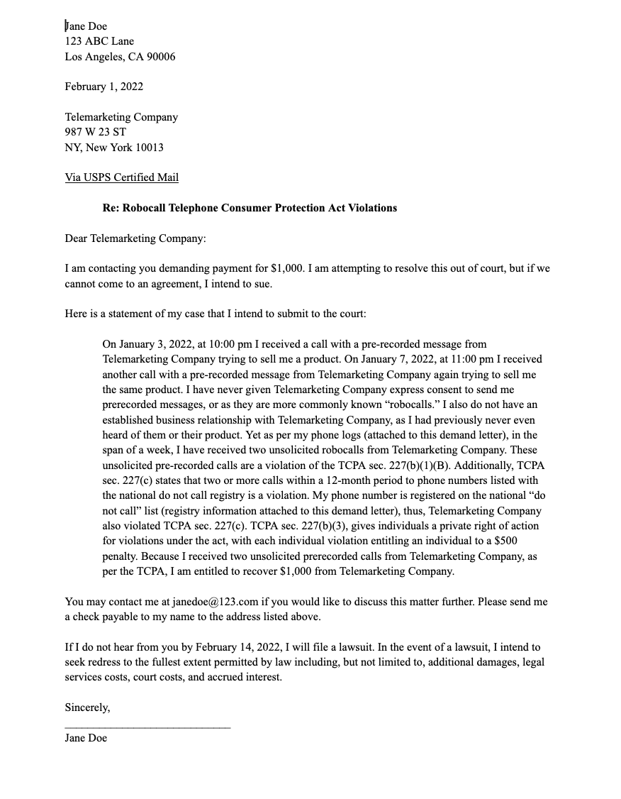 Robocall Demand Letter Template (Free Template)