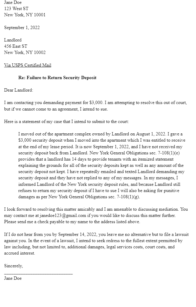 New York Security Deposit Demand Letter sample