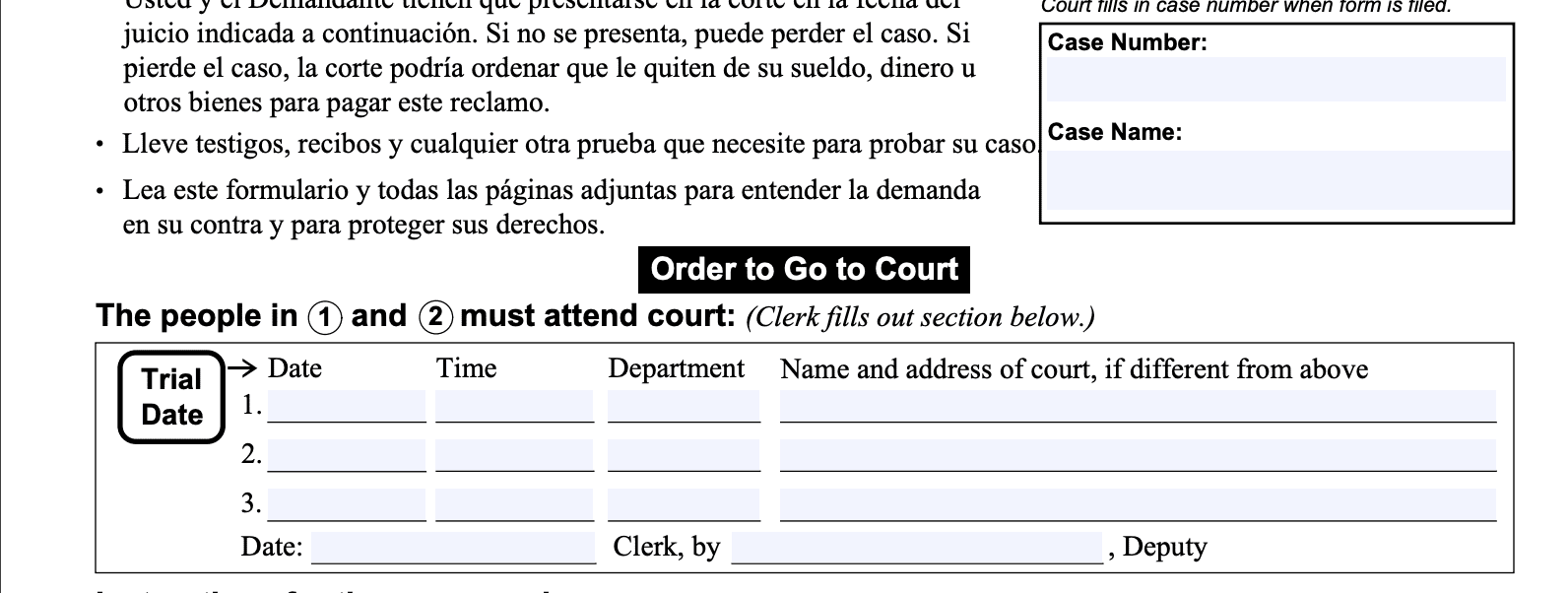 The first page of the SC-100 for California Small Claims lists the date, time, and hearing location.