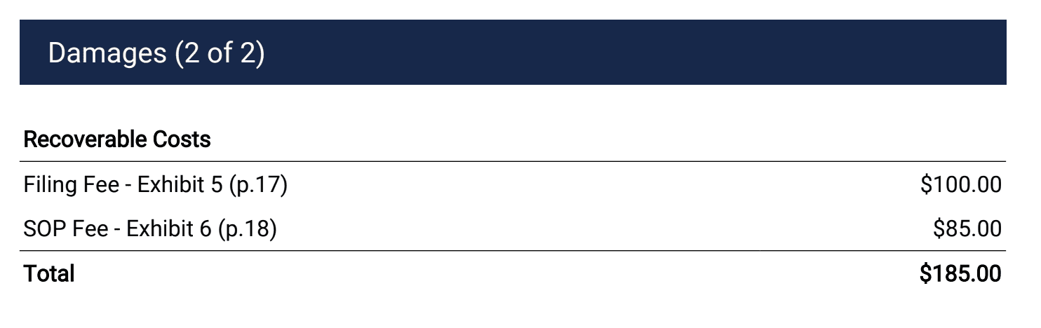 Example of the JusticeDirect damages table.