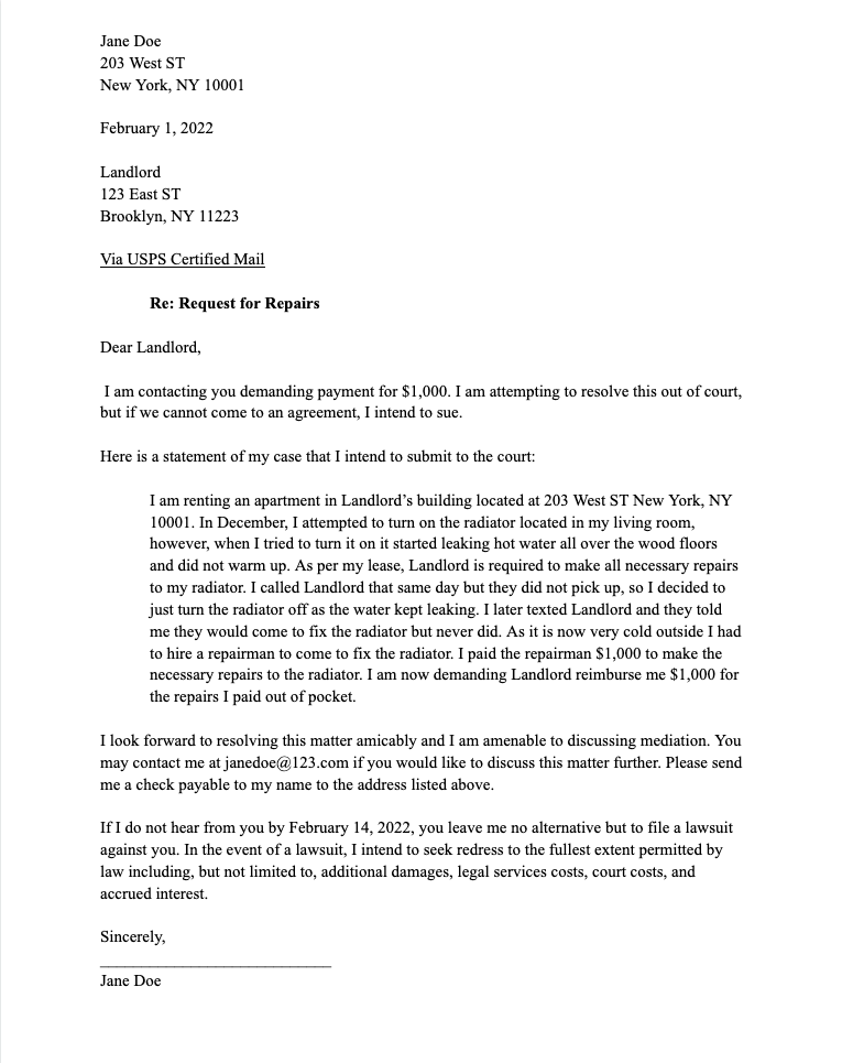 Demand Letter to Landlord (Free Template)