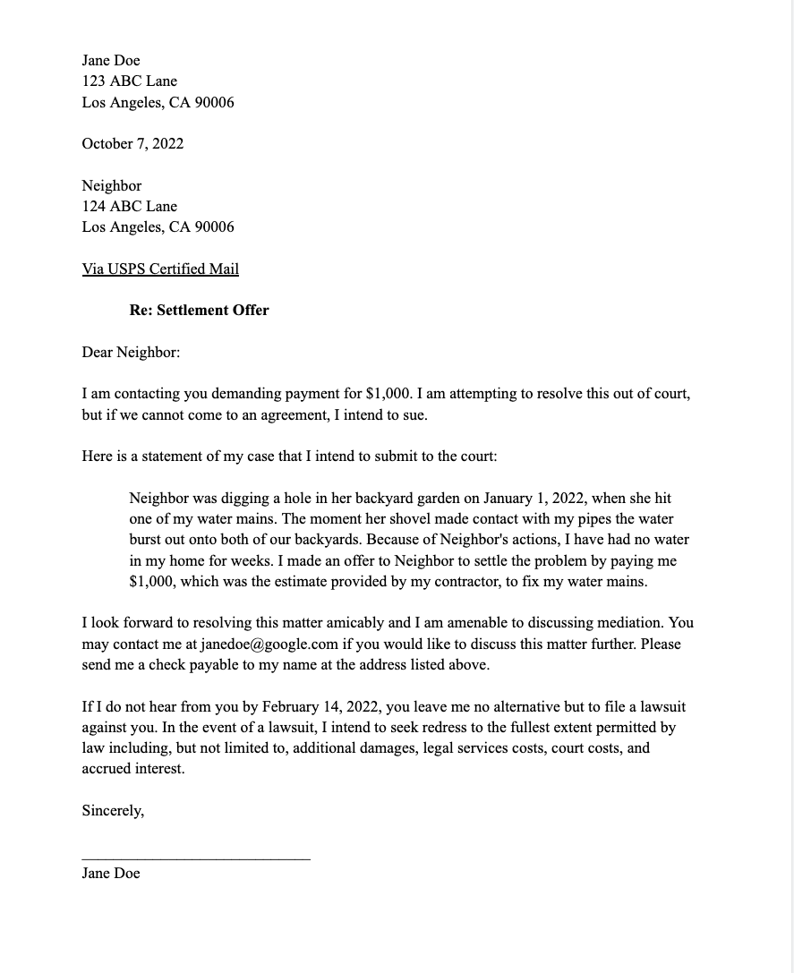 Sample Settlement Demand Letter (Free Template)