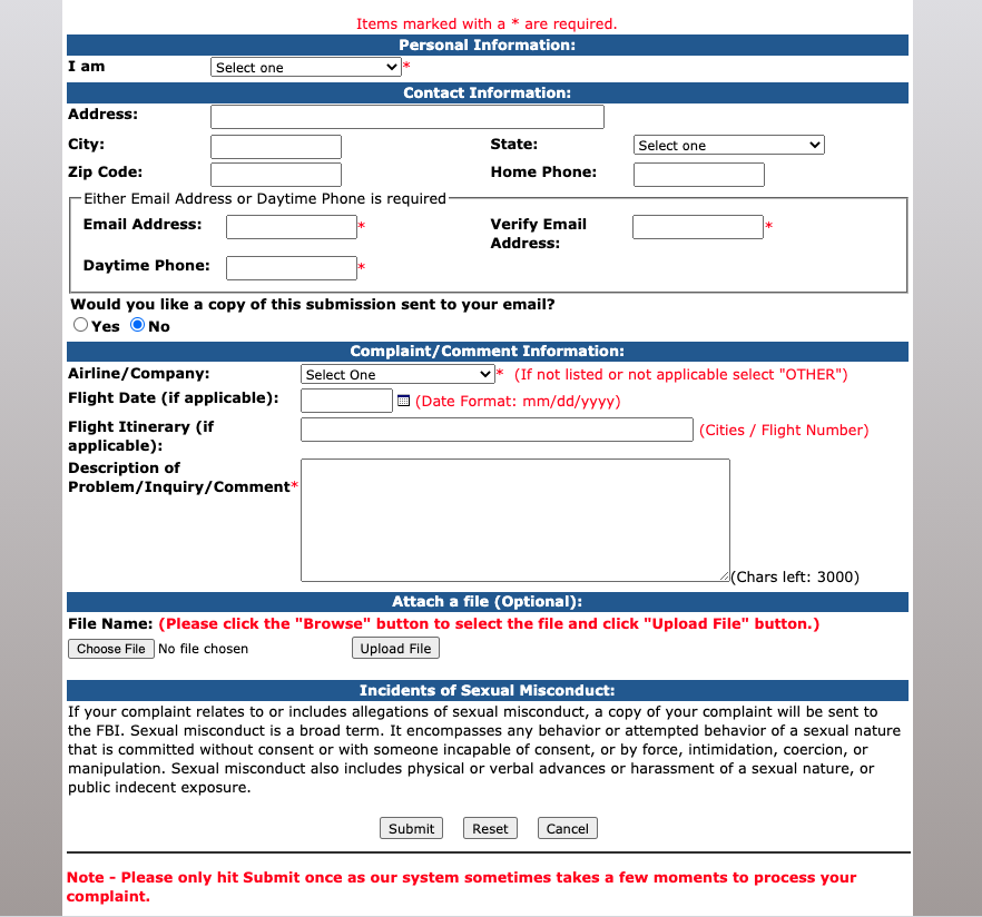 Department of Transportation Airline Complaint Form