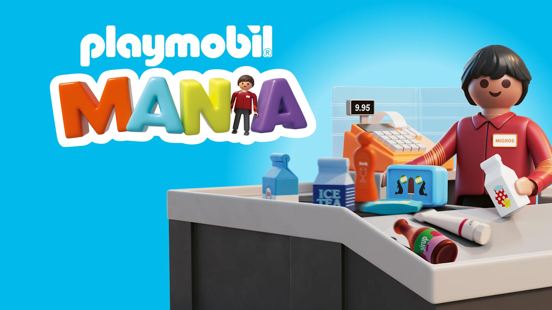 PLAYMOBIL figure behind a supermarket checkout. Colorful headline: PLAYMOBIL Mania.