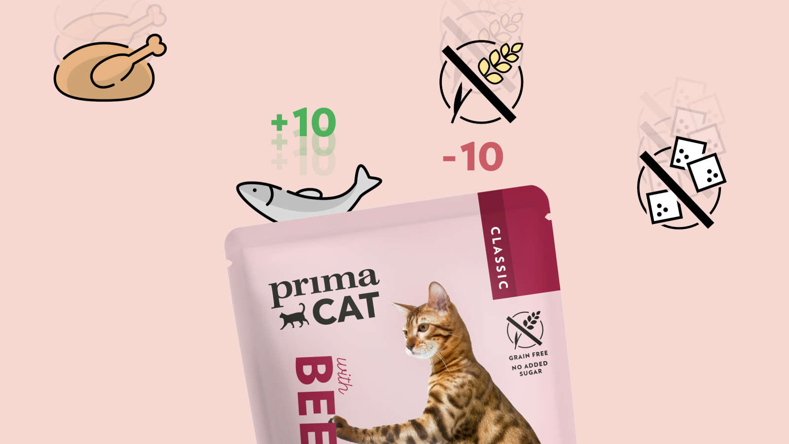 Saalista kissanruokapussiin kuuluvat ainesosat PrimaCat-pelissä ja voita raapimapuu!
