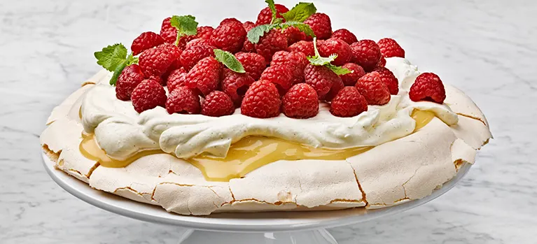 Lemon curd -pavlova, vaniljavispi ja vadelmat