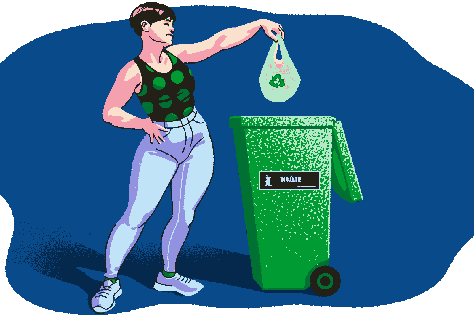 Piirroskuva jossa ihminen heittää jäteastiaan pussillisen biojätettä ja astiasta pöllähtää 10 euron seteleitä