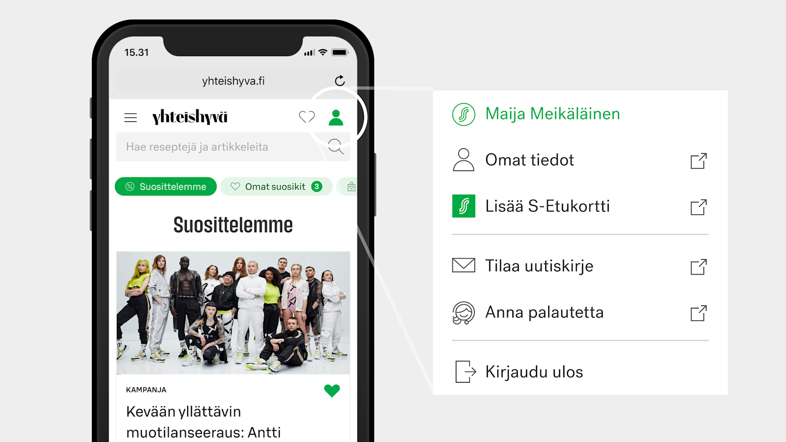 Pääset tarkastelemaan omia tietojasi painamalla oikean yläkulman painiketta.