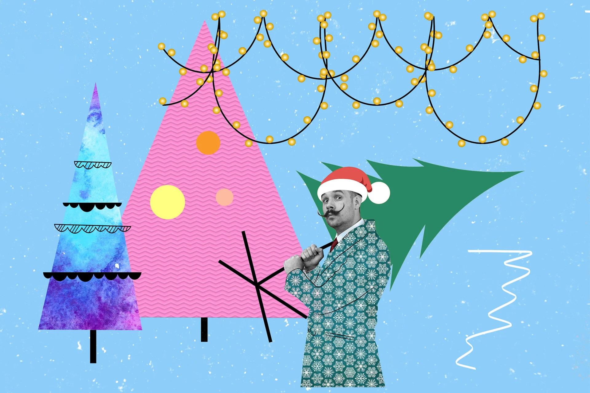 Kuvakollaasi. Mies ja joulukuusia