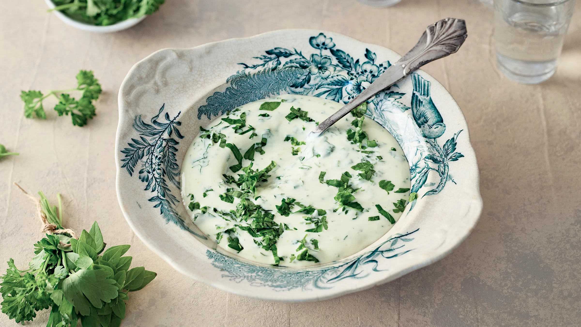 Paras yrtti-kermaviilikastike lautasella ja ympärillä nippu yrttejä