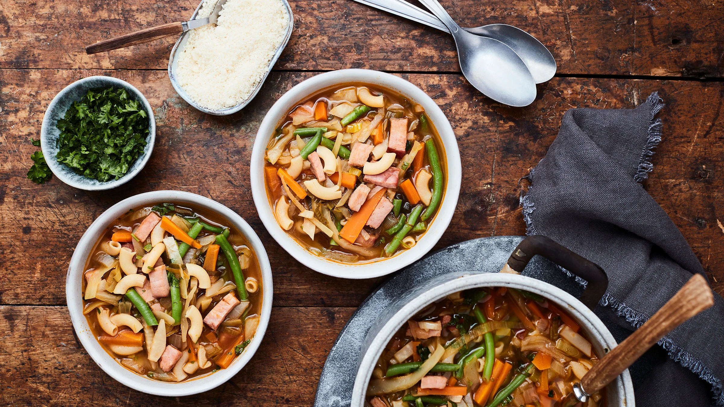 minestrone, minestronekeitto palvikinkulla