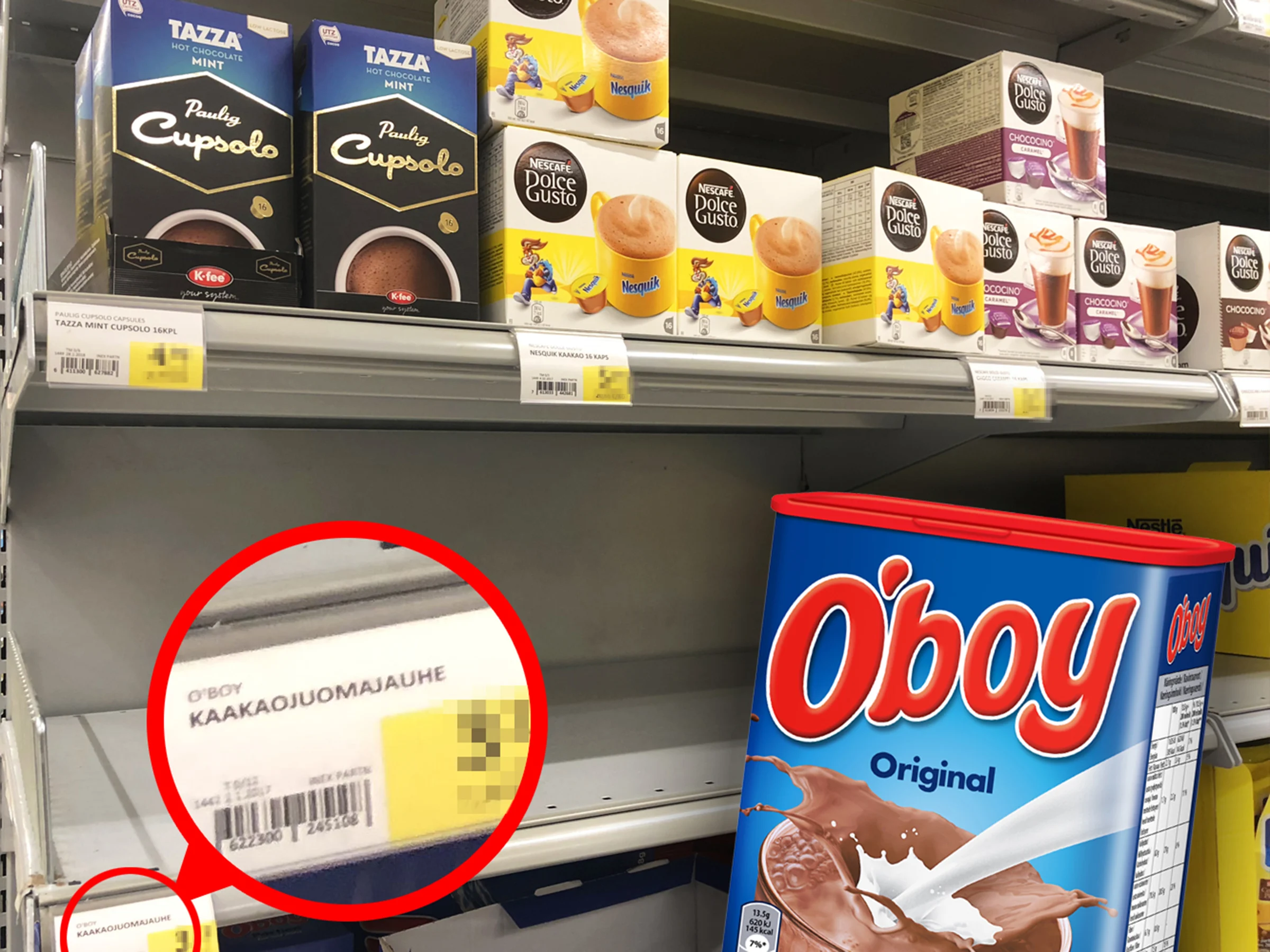 Kauppojen hyllyillä on ollut viime päivinä tyhjää O'boy-kaakaopurkkien kohdalla.