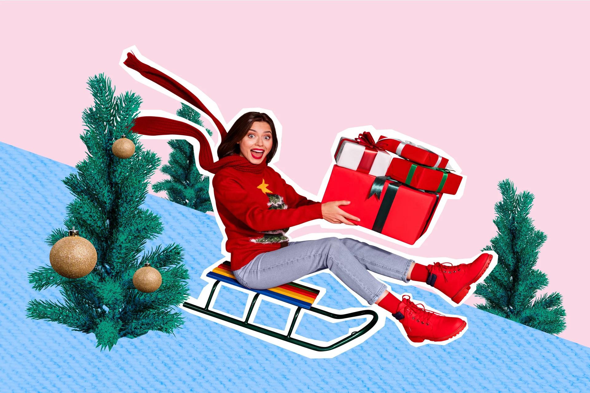 Nainen laskee kelkalla mäkeä